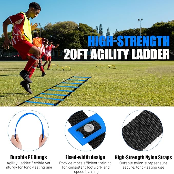 Soccer Agility Speed Training Equipment, Football Practise Set with 20 ft Agility Ladder, 12 Cones, 4 Adjustable Hurdles, Jump Rope, Parachute, for Basketball, Football, Kids, Youth, Adults
