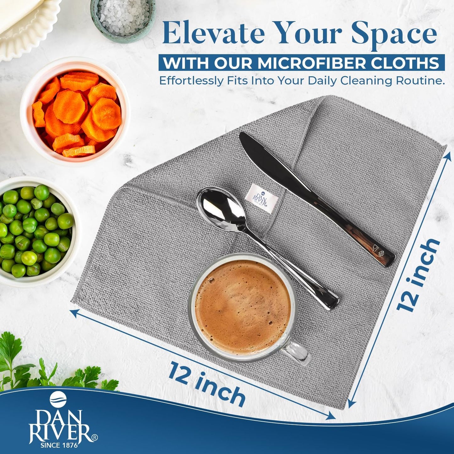 DAN RIVER 12-Pack Microfiber Towels โ Ultra Absorbent, Lint-Free & Streak-Free Cleaning Cloths for Home, Car & Kitchen - Must-Have Cleaning Essentials - 12" x 12" - Gray White