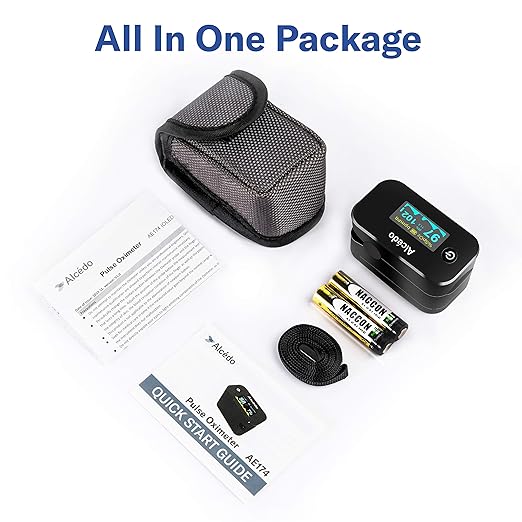 Alcedo Pulse Oximeter Fingertip | Blood Oxygen Saturation Level (SpO2) and Heart Rate Monitor | Dual Color OLED Display | Portable Carry Case, Lanyard, Batteries
