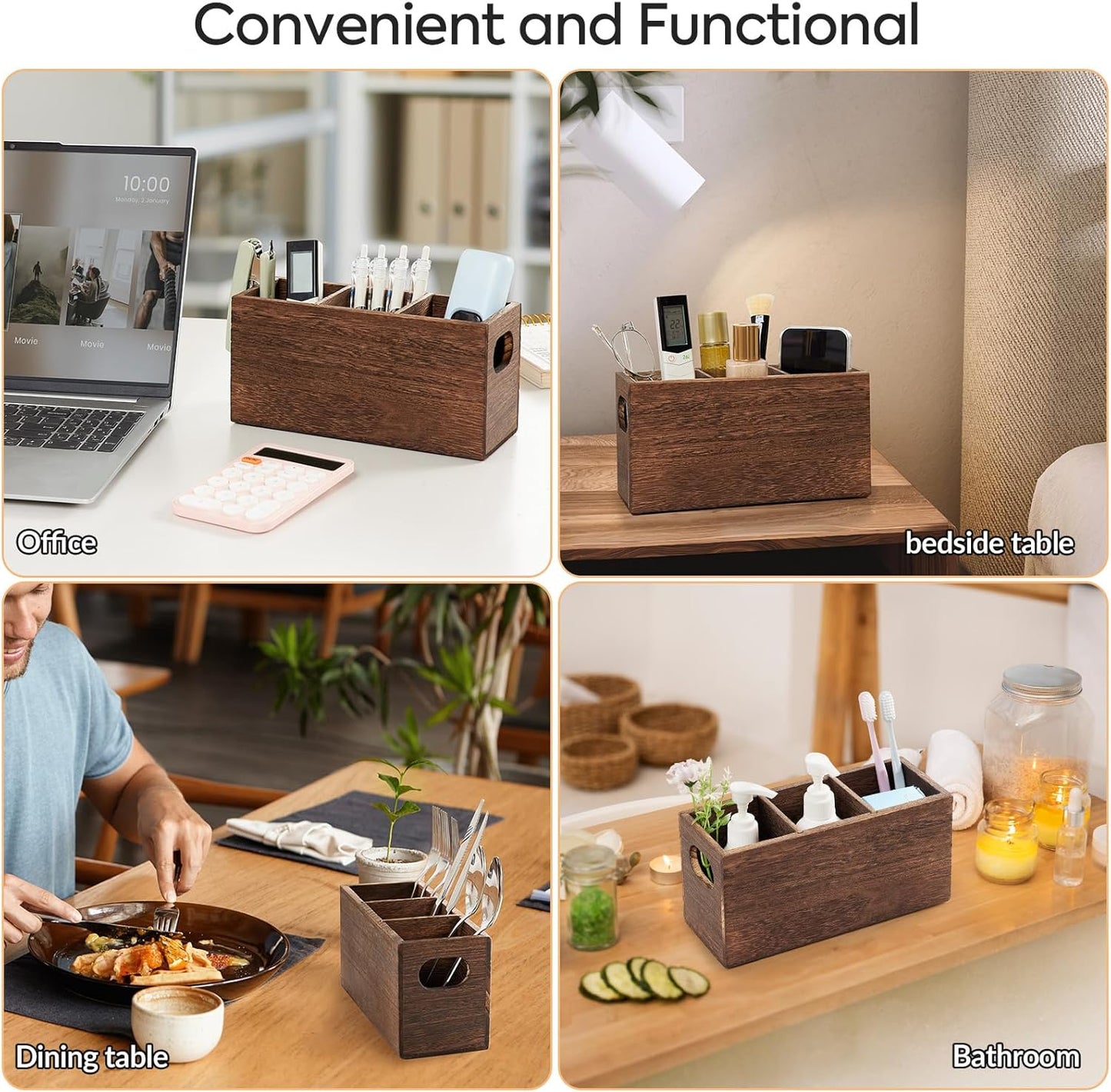 Wooden Silverware Holder,Kitchen Utensil Caddy with 3 Compartments,Cutlery Storage Organizer Countertop,Flatware Organizer for Party,Spoon, Fork Holder