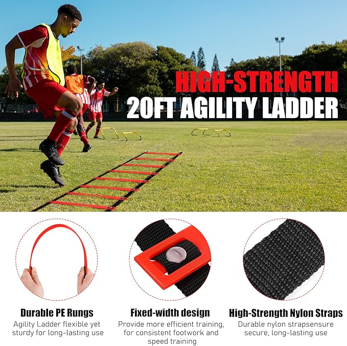 Soccer Agility Speed Training Equipment, Football Practise Set with 20 ft Agility Ladder, 12 Cones, 4 Adjustable Hurdles, Jump Rope, Parachute, for Basketball, Football, Kids, Youth, Adults