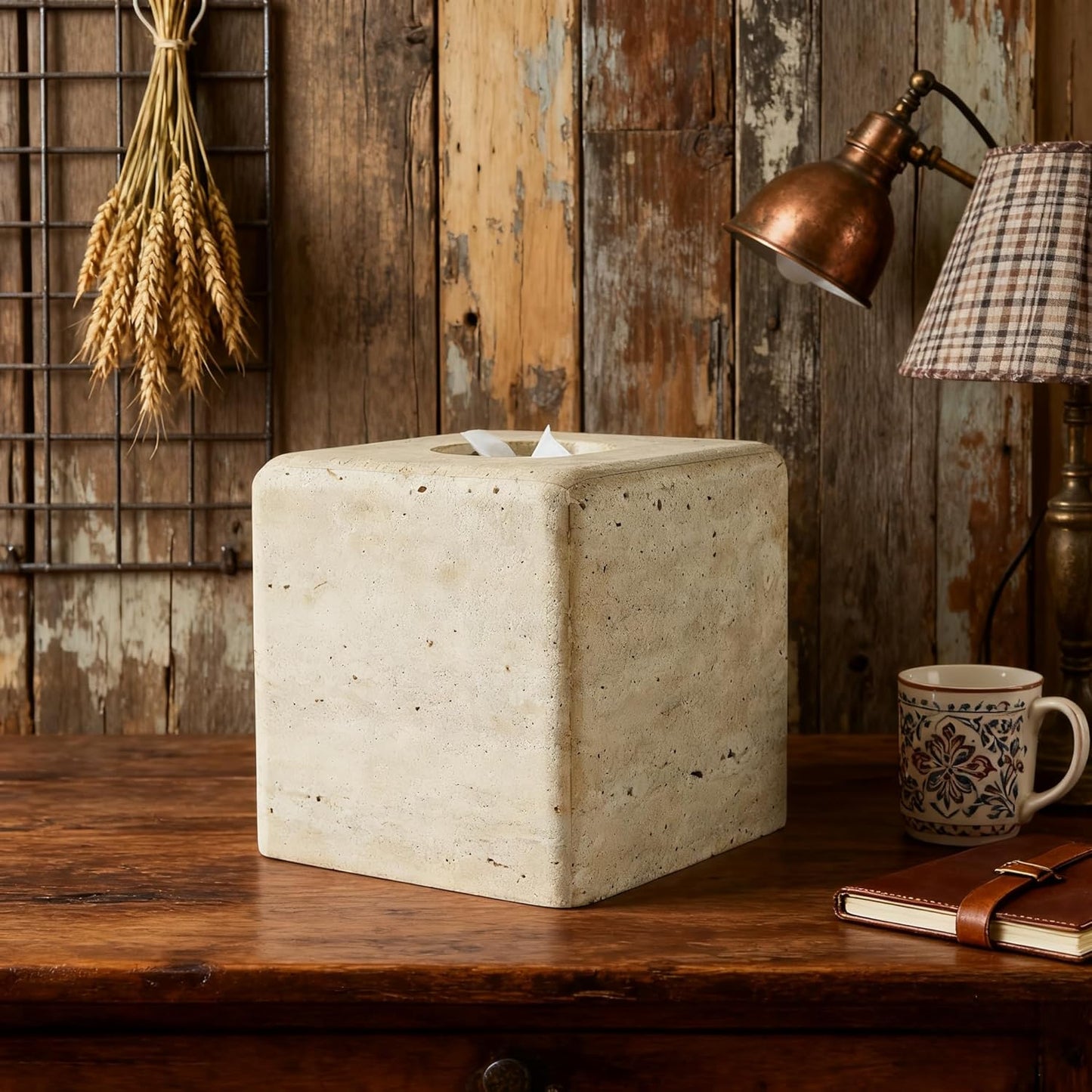 Travertine Tissue Box Cover, Simplicity Style Napkin Holder, Square Tissue Box with Acrylic Board Bottom, Natural Toilet Paper Holder for Bathroom, Bedroom, Living Room