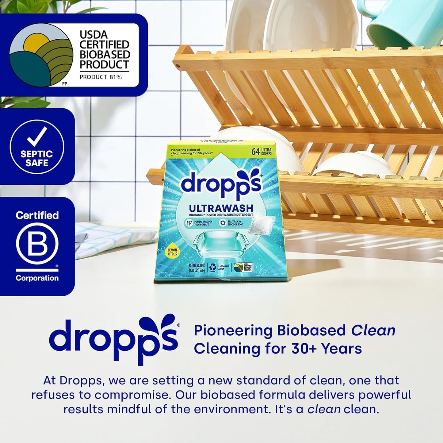 Dropps UltraWash Dishwasher Pods, Lemon Citrus (32 Count) - Biobased Power Deep Clean Dishwasher Detergent Tablets for Sparkling Shiny Dishes - No Rinse Aid or Pre-Wash Needed - Dishwashing Pods