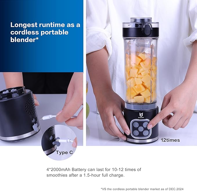 UTALENT Cordless Portable Blender, 25 oz removable Vessel,Powerful Personal Blender, for Smoothies, Ice Crush, 4 Programs, Leakproof-Lid & Sip Spout, USB-C Rechargeable, Dishwasher Safe Parts, Black