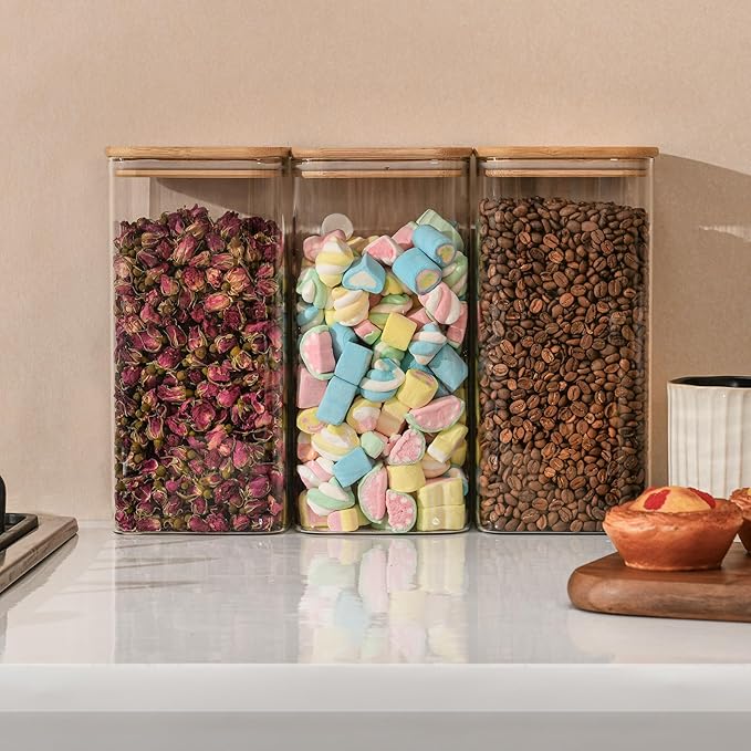 64oz Rectangle Airtight Glass Storage Containers with Bamboo Lids (Set of 3), Square Food Storage Jar, Pantry Organizers for Cereal, Flour, Pasta and Coffee beans (with Black Lable)