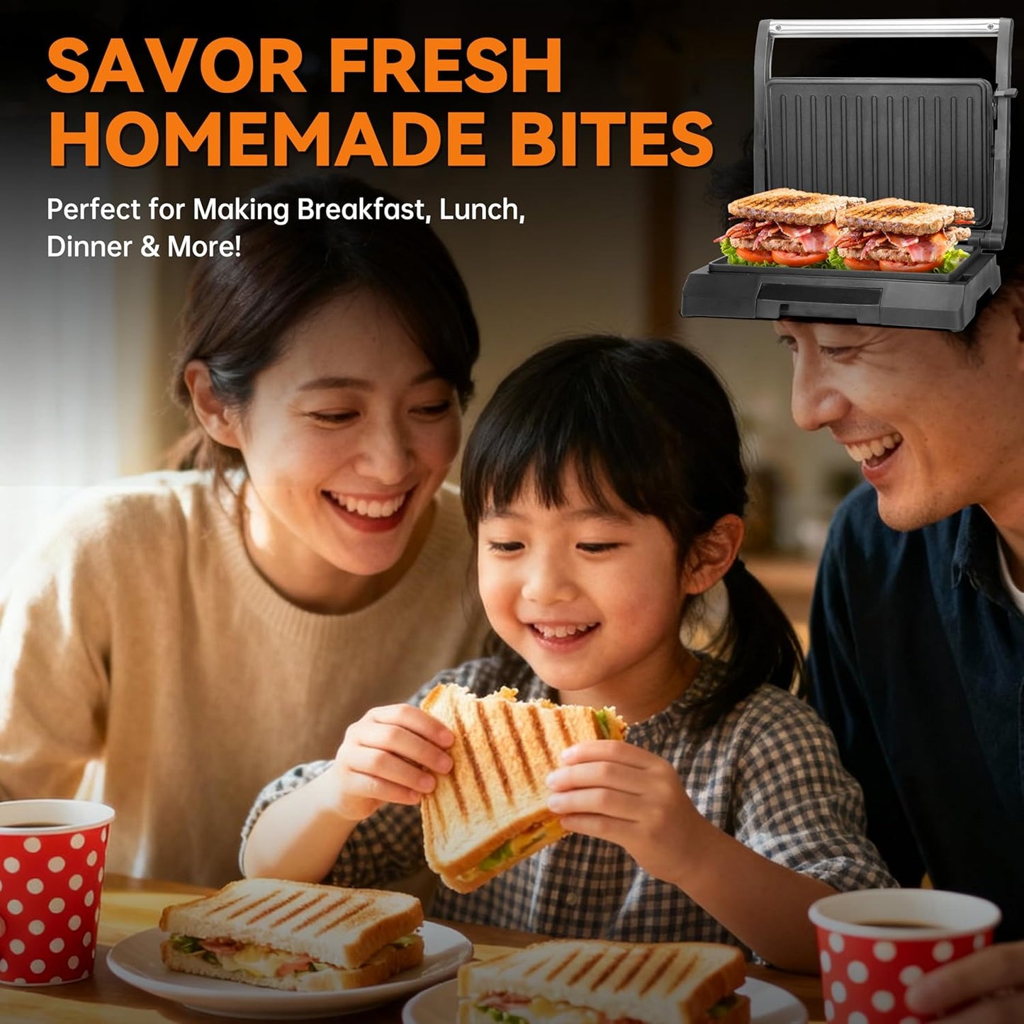 Baker's Friend 2 Slices of Mini Panini Press Electric Grill, Panini Grill Press Sandwich Maker Press, Sandwichera Electrical for Pancakes & Eggs, Oil Tray, Non Stick Surfaces, Stainless Steel