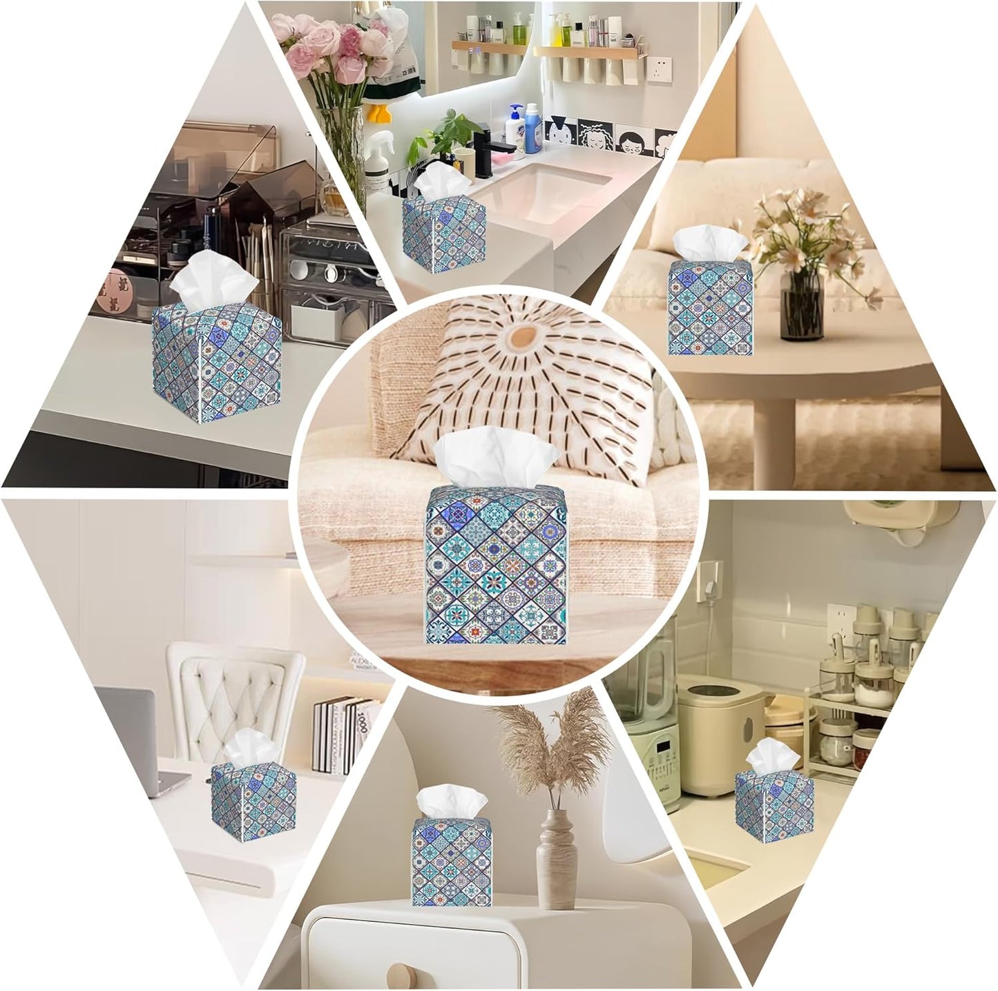 Square Tissue Box Cover Vintage Ceramic Tiles Tissue Box Holder Facial Cube Paper Dispenser Leather Decorative Organizer Home Office Desk Decor, 5.2"x5.2"x5.2"