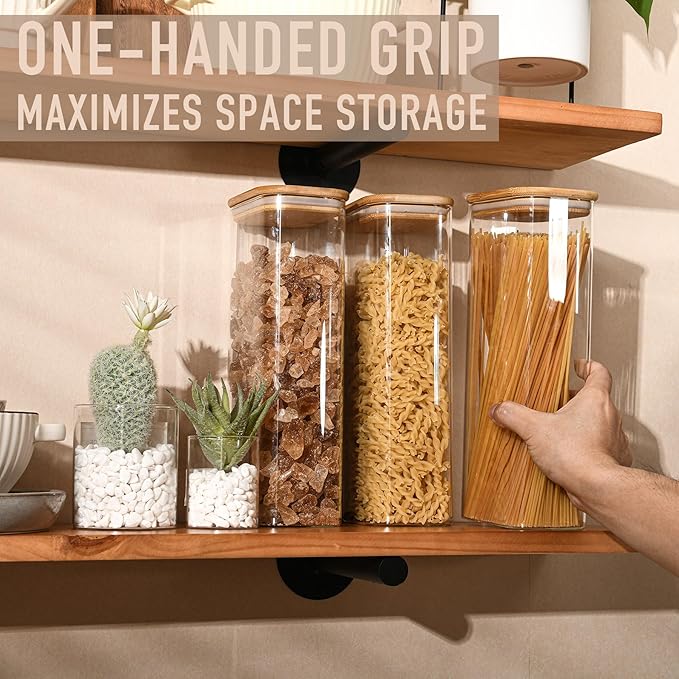 71oz Rectangle Airtight Glass Storage Containers with Bamboo Lids (Set of 3), Square Food Storage Jar, Pantry Organizers for Sugar, Flour, Spaghetti and Coffee beans (with Black Lable)