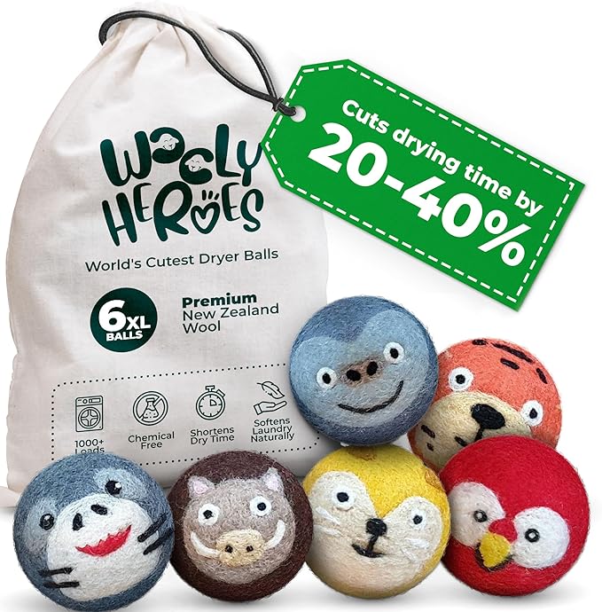 No More Dryer Sheets! Reusable Wool Dryer Balls XL 6-Pack - Reduces Static, Cuts Dry Time, & Softens Naturally