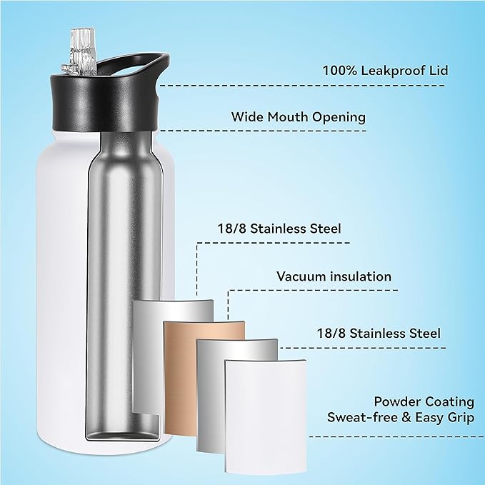 VEGOND 32 oz Insulated Water Bottle Stainless Steel Metal Water Bottles with Leak Proof Straw Lid & Spout Lid, Wide Mouth Double Walled Vacuum Travel Sports Bottle, White