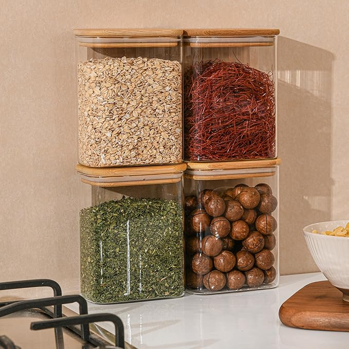 37oz Rectangle Airtight Glass Storage Containers with Bamboo Lids (Set of 4), Square Food Storage Jar, Pantry Organizers for Cereal, Nuts, Snacks and Coffee beans (with Black Lable)