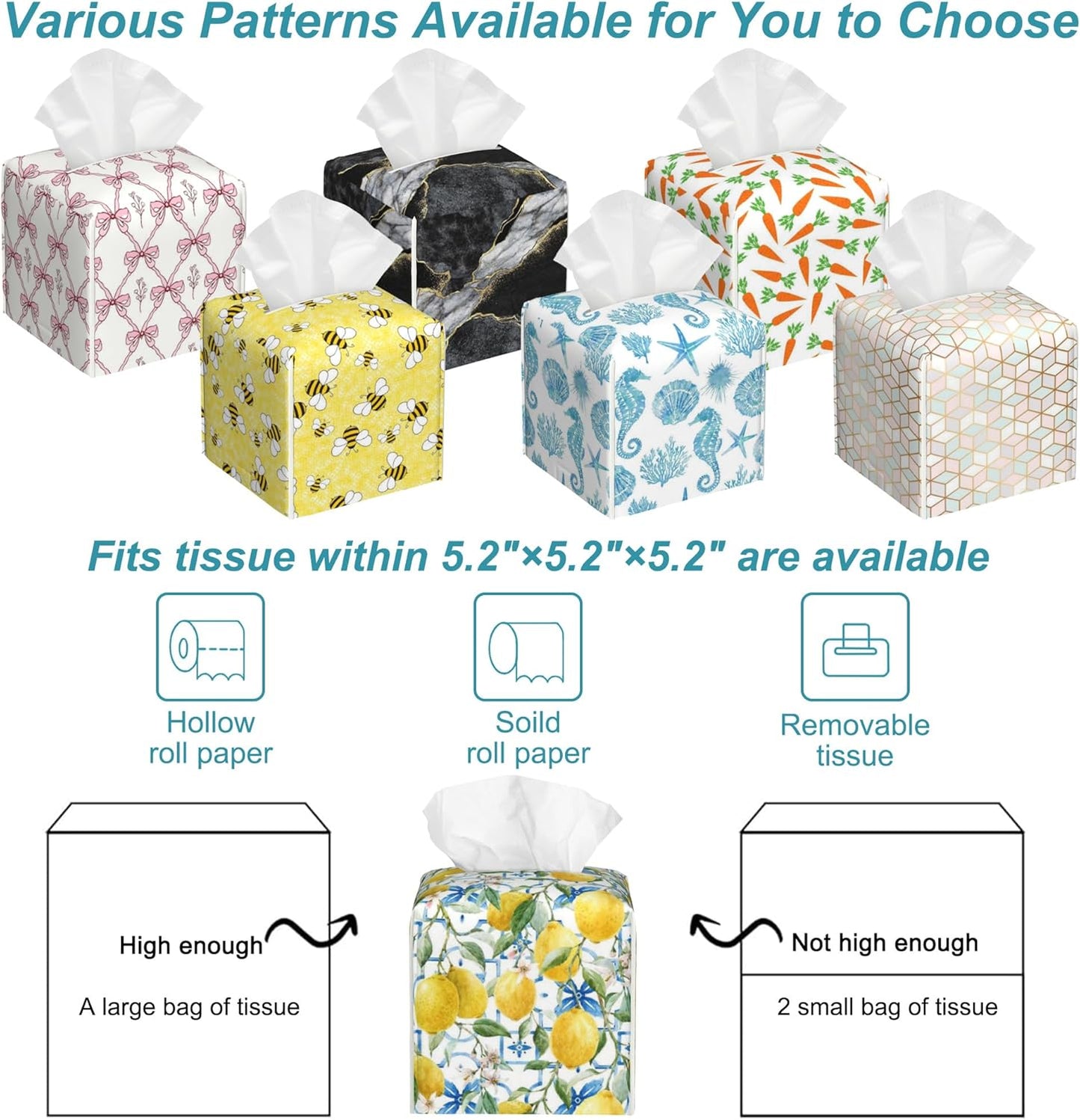 Watercolor Lemons Leather Tissue Holder,Blue Tiles Square Tissue Box Cover with Bottom Belt,Modern Decorative Facial Tissue Paper Cover for Bedroom Nightstand Vanity Desk Office,5.2" x 5.2" x 5.2"