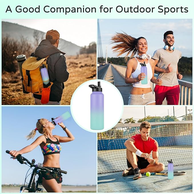 DOMICARE 40 oz Insulated Water Bottle, Vacuum Insulated Stainless Steel Sports Water Bottle with Straw Lid & Spout Lid, Leakproof, Reusable - Travel, Camping, Bike, Purple Green Gradient