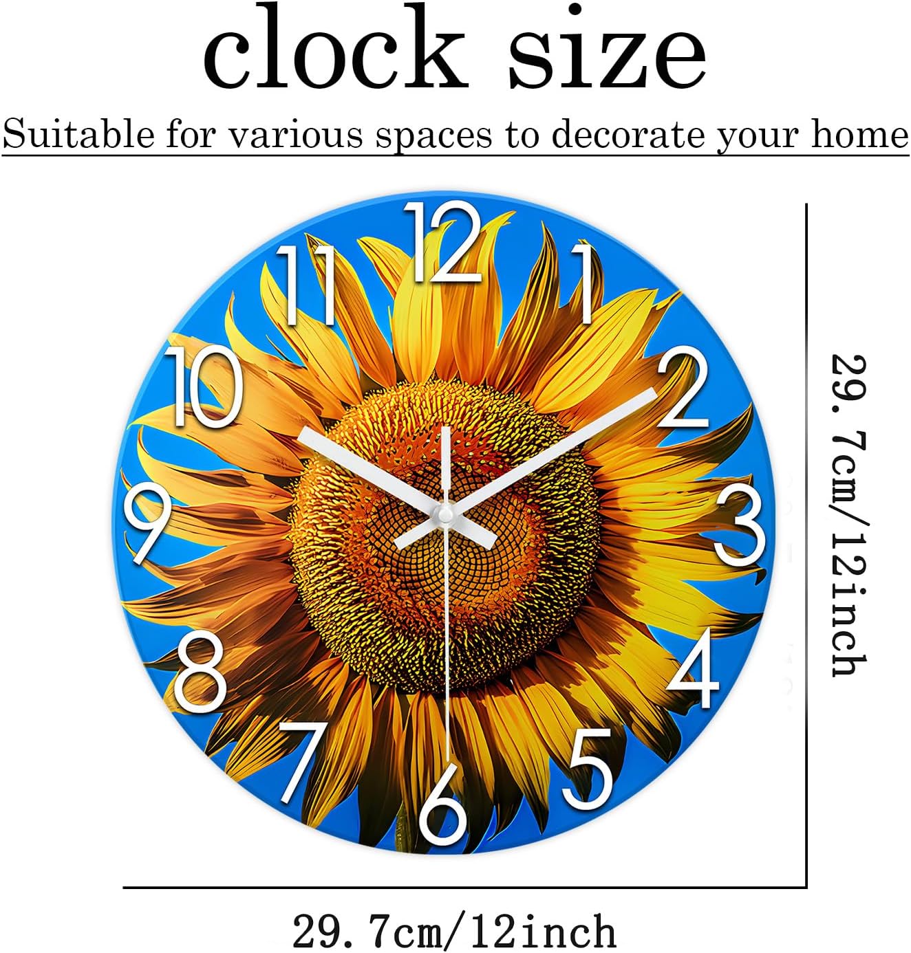 XFM Sunflower Kitchen Decor 12 Inch Silent Glass Wall Clocks Battery Operated Yellow Floral Round Clock Decorative for Living Room Bedroom Decor