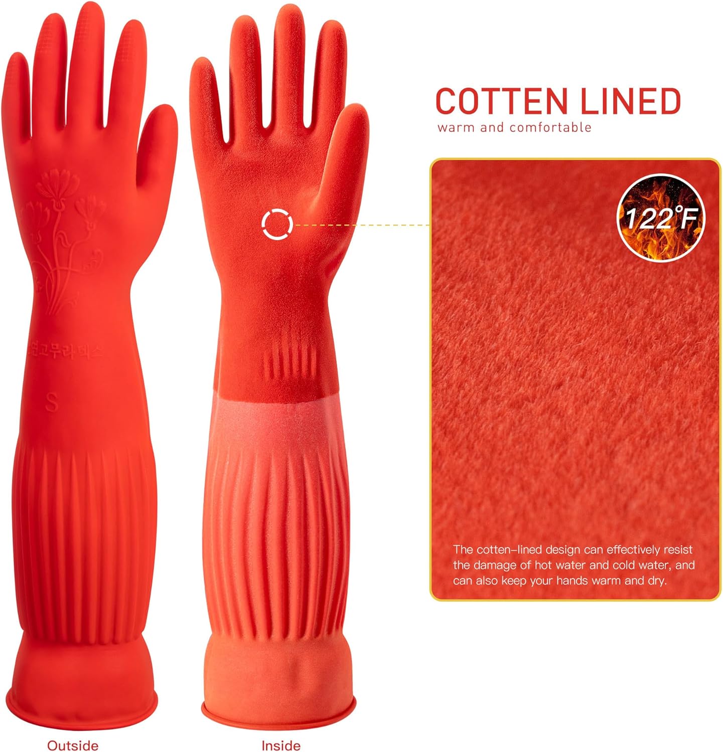 ThxToms Rubber Dishwashing Cleaning Gloves (2-Pair) - Fleece Lined, Reusable, Waterproof with Extra-Long Cuff & Anti-Slip Design for Household & Kitchen Use - Small