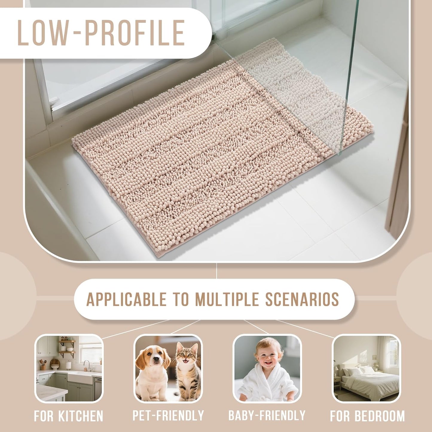 Yimobra Bathroom Rug Mat, Non Slip and Super Absorbent Bath Mat, Machine Washable Quick Dry, Ultra Plush Chenille Shower Rugs for Bathroom Floor Sink Tub and Shower Outside, Beige with Pink, 24 x 17