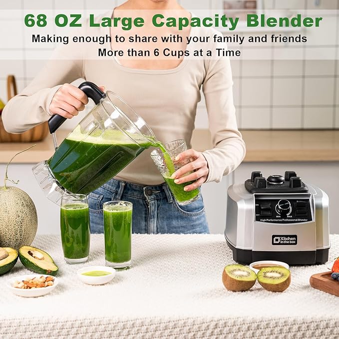Kitchen in the box Blender 68 OZ, 1500 Watt Professional Smoothie Blenders with Stainless Steel Blades, BPA Free Blender for Frozen Drinks, Ice Crush, Protein Shakes (Silver)
