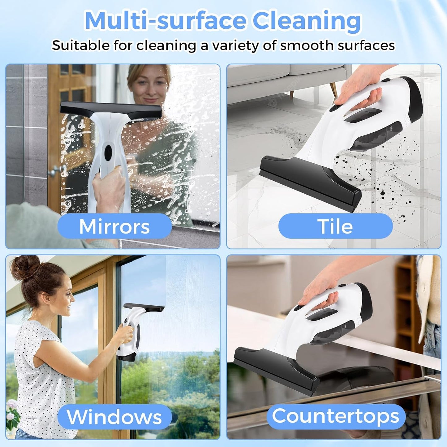 Cordless Window Vacuum Cleaner, Window Cleaner Squeegee Tool Set, Electric Windown Spray Cleaning Tool with 10 inch Squeegee Blade for Showers,Mirrors,Glass,Countertops,and Tiles, 2200mAh