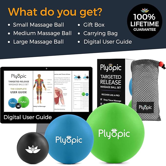 Plyopic. Massage Balls Set of 3 – for Deep Tissue Muscle Recovery, Myofascial Release, Mobility & Trigger Point Therapy - Eliminate Muscle Pain & Tension in Your Back Neck Arms Legs Hands & Feet