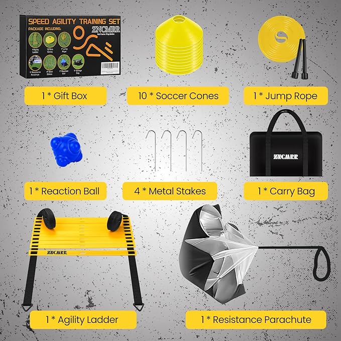 ZNCMRR Agility Ladder Speed Training Equipment Set, 20Ft Adjustable 12 Rung Workout Ladder, Running Speed Parachute and 10 Disc Cones for Football, Basketball, Baseball and Footwork Skills Training