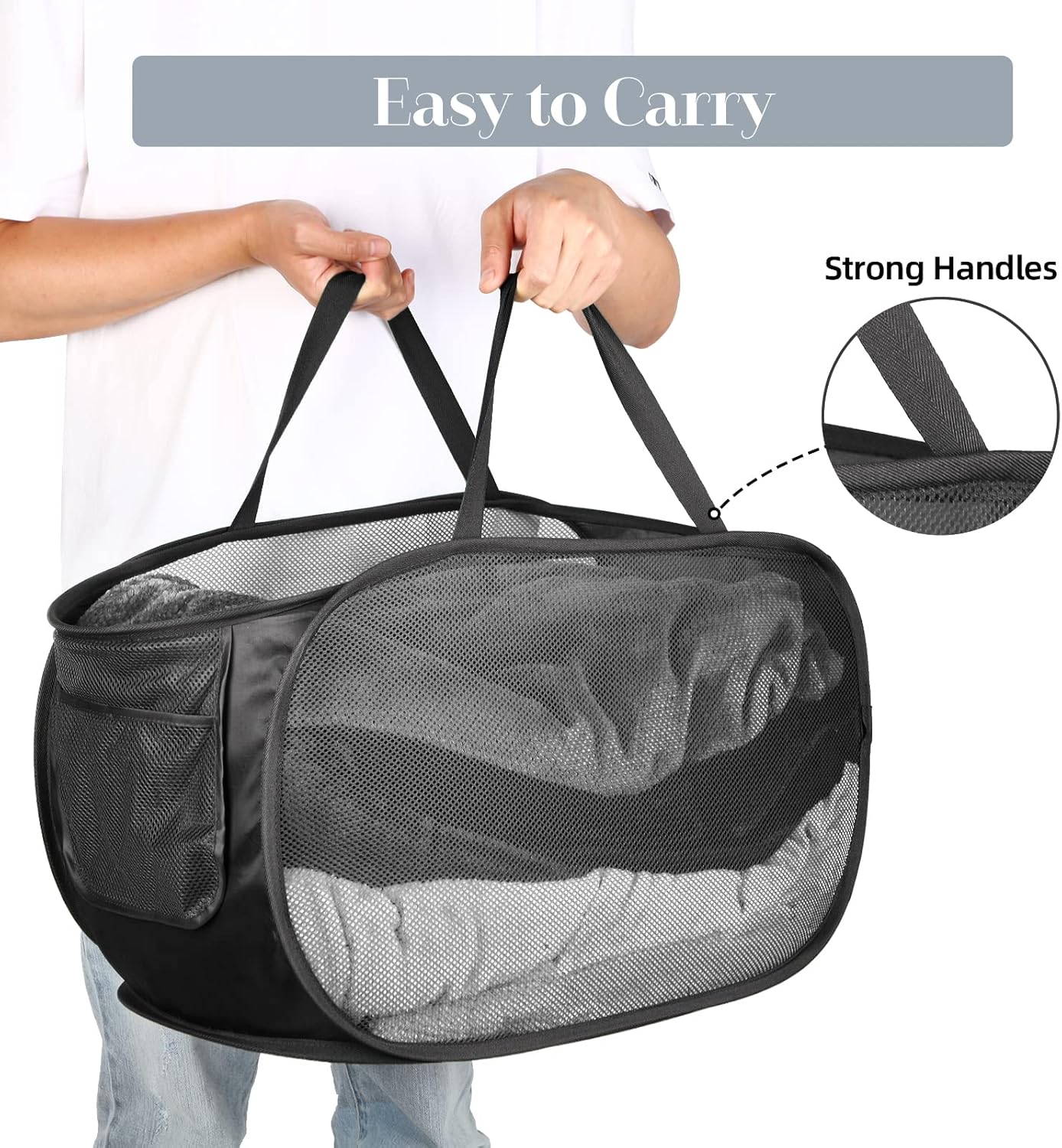 4 Pack Collapsible Laundry Baskets, Foldable Laundry Basket with Pocket, Durable Pop Up Hampers, Reinforced Handles Dirty Clothes Hamper for Laundry, Bedroom, Bathroom, Dorm, Travel or Camping Black