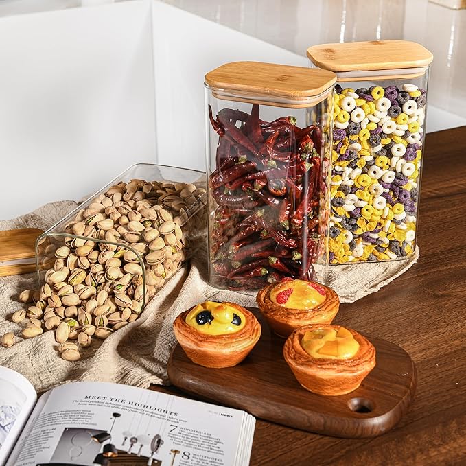 56oz Rectangle Airtight Glass Storage Containers with Bamboo Lids (Set of 4), Square Food Storage Jar, Pantry Organizers for Oats, Cereal, Pasta and Coffee beans (with Black Lable)