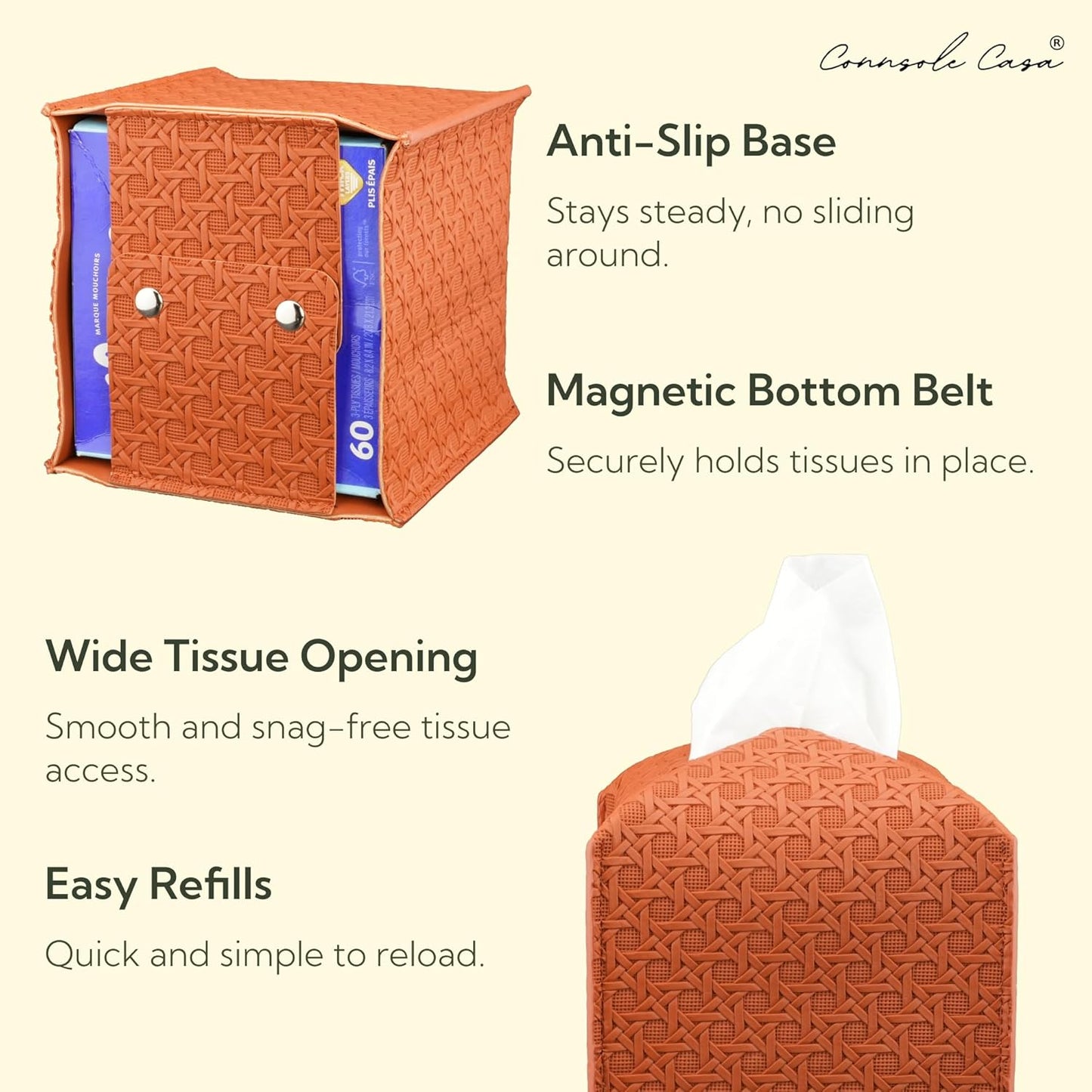 Premium PU Leather Tissue Box HolderβModern Cover for Home, Office, CarβStylish Cube Organizer for Standard Kleenex Tissues β Durable, Easy Refill, Rattan Design (Camel)