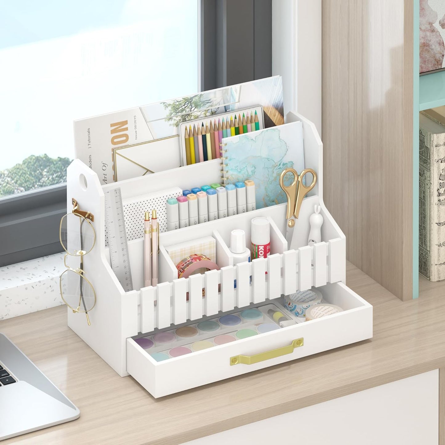 Bamboo Mail Organizer Countertop with Drawers, Wood Desk File Organizer Desktop Paper Organization Storage Bill & Letter Sorter Holder for School Home Office Supplies, No Assembly Required (White)