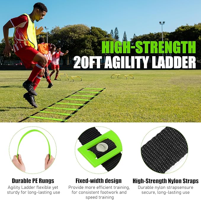 Soccer Agility Speed Training Equipment, Football Practise Set with 20 ft Agility Ladder, 12 Cones, 4 Adjustable Hurdles, Jump Rope, Parachute, for Basketball, Football, Kids, Youth, Adults