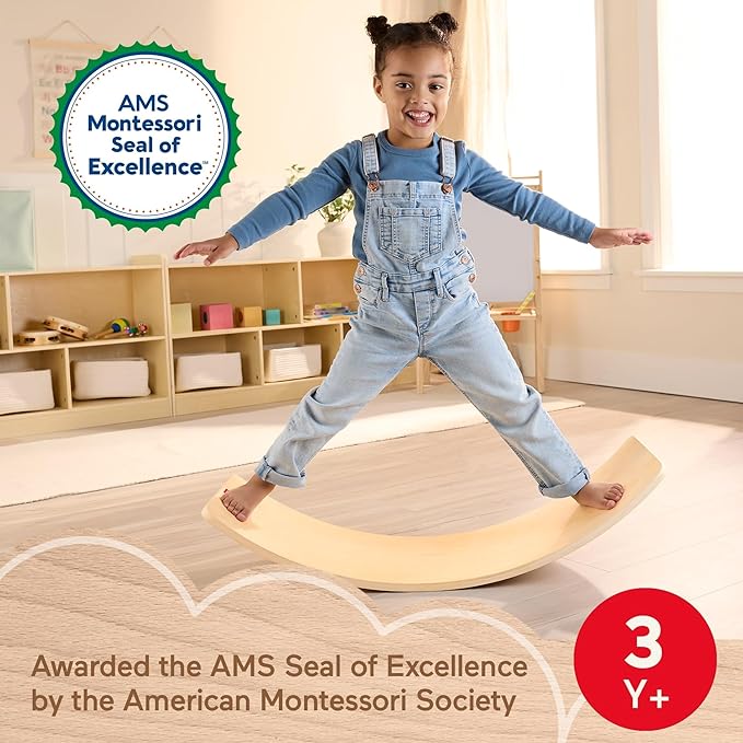 Fisher-Price Wood Montessori Toy Rockin' Balance Board, American Montessori Society Seal of Excellence, 31.7-Inch Wooden Motor Skills Learning Activity for Kids Ages 3+ Years(Amazon Exclusive)
