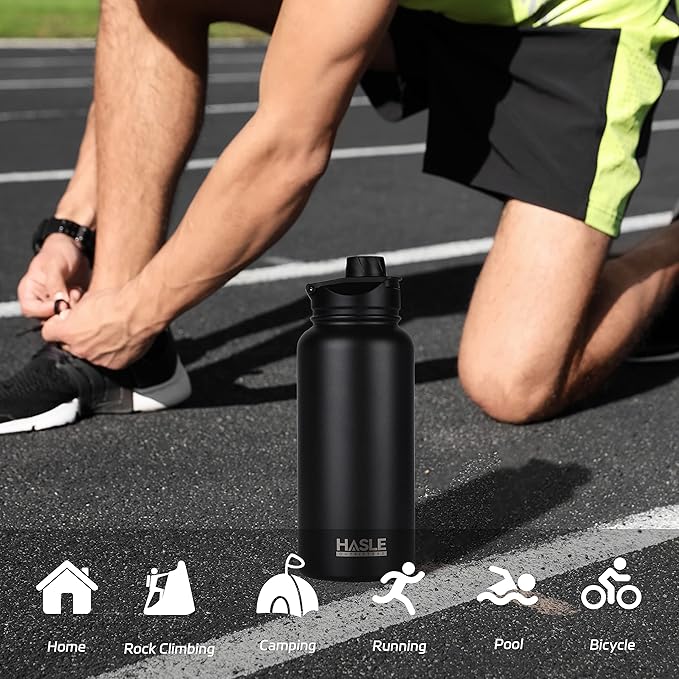 HASLE OUTFITTERS 32 oz Insulated Water Bottle Stainless Steel Double Walled Vacuum Sports Water Bottle with 2 Lids (Straw and Spout Lid) for Gym Camping Hiking(Black,4)