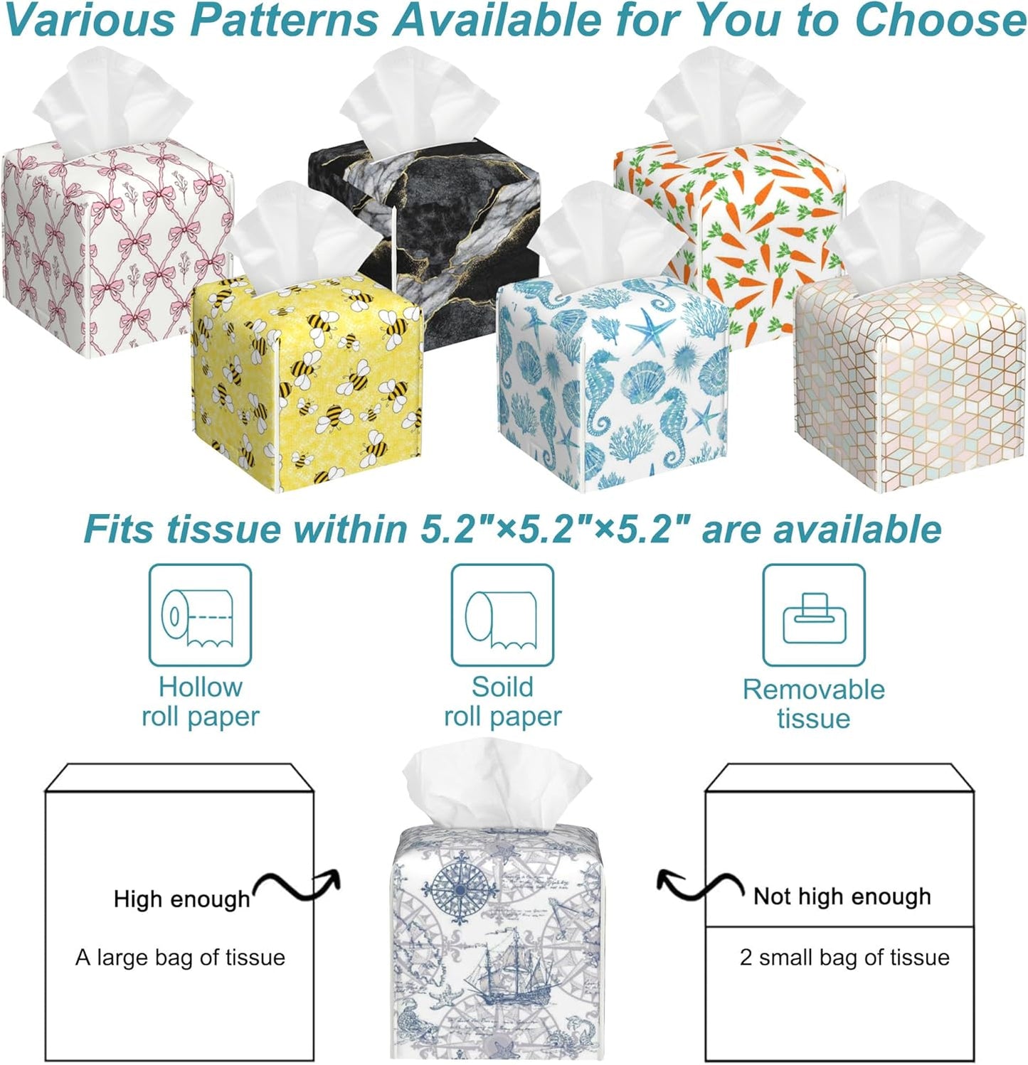 Vintage Sailboat Tissue Box Cover Square,Leather Tissue Holder with Bottom Belt,Waterproof Leather Facial Paper Organizer Tissue Box Cover for Office Bathroom Vanity Countertop,5.2" x 5.2" x 5.2"