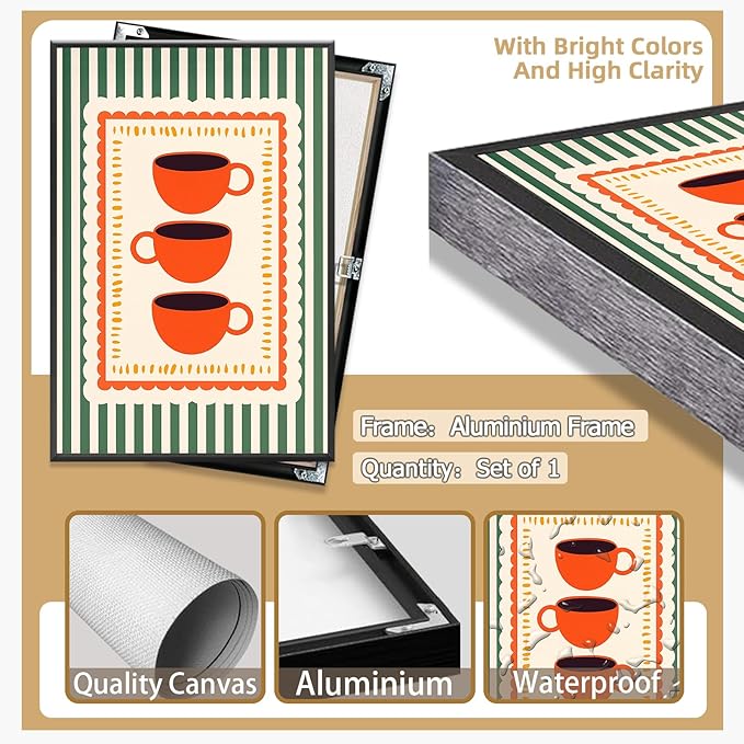 Vintage Orange Italian Espresso Coffee Cups Canvas Prints Posters Modern Green Striped Preppy Kitchen Wall Art Colorful Minimalist Aesthetic Pictures Decor for Cafe Bar 24x36inch Metal Black Frame