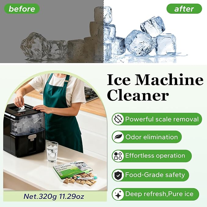 Ice Machine Cleaner Descaler Tablets (32pack) with 2 cleaning brushes,ice maker cleaner Ideal for Frigidaire,Opal,GE Profile, Kitchenaid countertop units.Removes Lime Scale,Calcium.