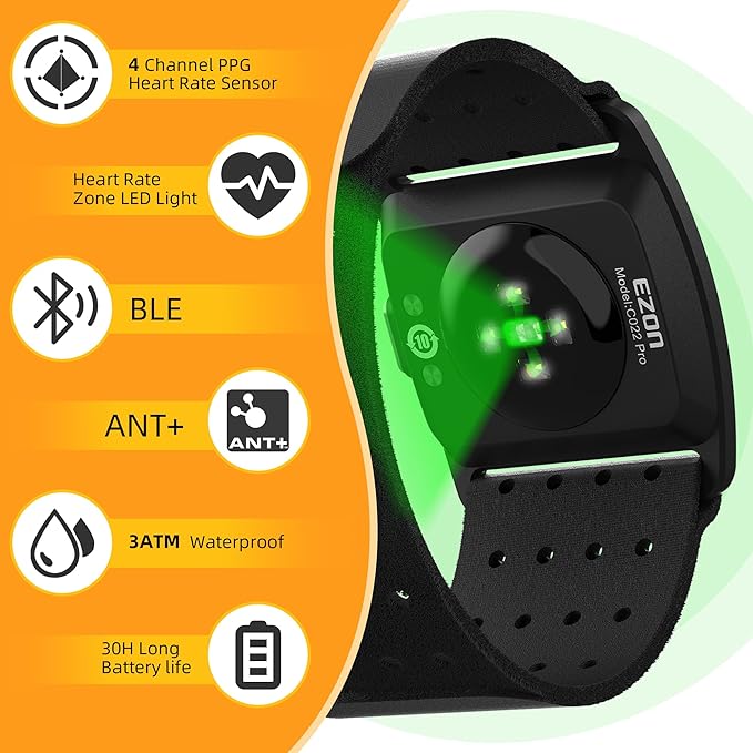 EZON C022Pro Heart Rate Monitor Armband with ANT+ & Bluetooth, LED HR Zone Indicator Lights,3ATM Waterproof, Adjustable Arm Strap for Running Cycling Gym, Compatible with Peloton/Wahoo/Strava