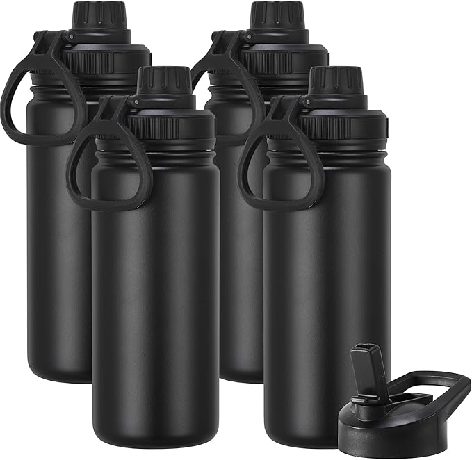 DOMICARE 16 oz Kids Water Bottle for School Stainless Steel Double Wall Vacuum Insulated Water Bottle with Straw lids & Spout Lid, Leakproof BPA Free (Black,4)