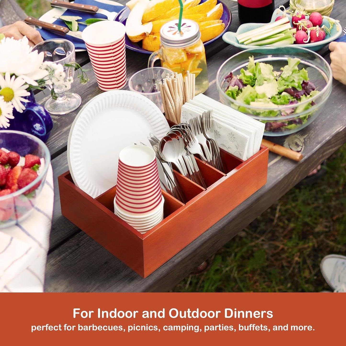 Utensil Holder for Party - Wooden Paper Plate and Utensil Caddy for Countertop - Silverware Caddy for Cup Fork Spoon Napkin - Cutlery Organizer for Kitchen Camping Buffet Picnic