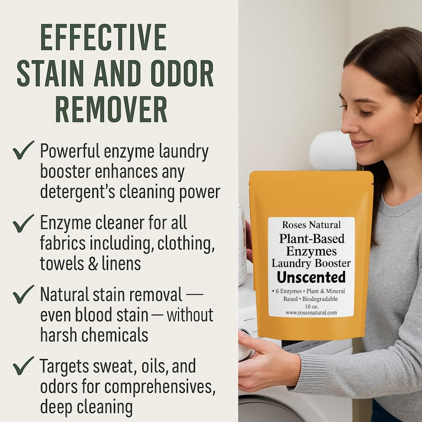 Plant-Based Enzymes Laundry Booster – Unscented | Advanced Enzyme Cleaner & Odor Remover | Powerful Stain Remover for All Fabrics | Biodegradable, HE Safe – 16 oz | Made in USA