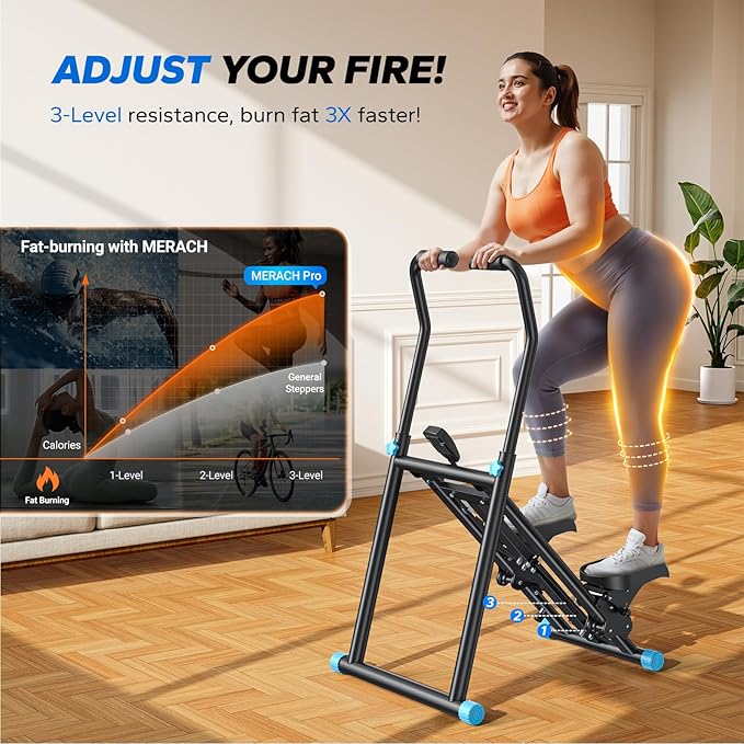 MERACH Stair Stepper Pro-3-Level Resistance Stairmaster, Upgrade High-Efficiency Stairmaster for Home Gym Exercise, Compact Folding Cardio Stair Climber with Adjustable Pedal