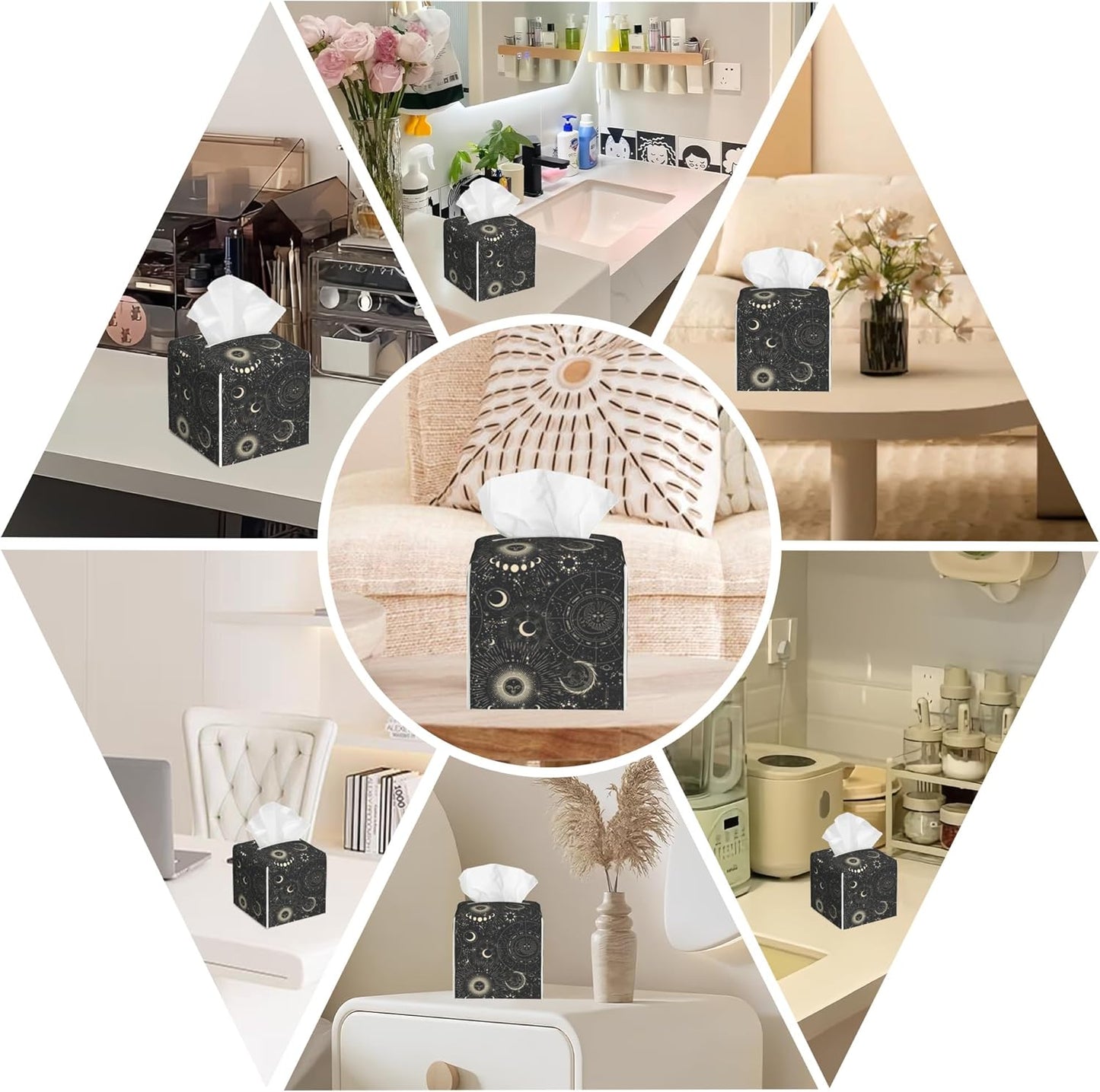 Zodiac Signs Leather Tissue Box Holder Moon Phases Tissue Box Cover Facial Paper Case Organizer Cube Napkin Dispenser for Bathroom Vanity Countertop Night Stand Office Car