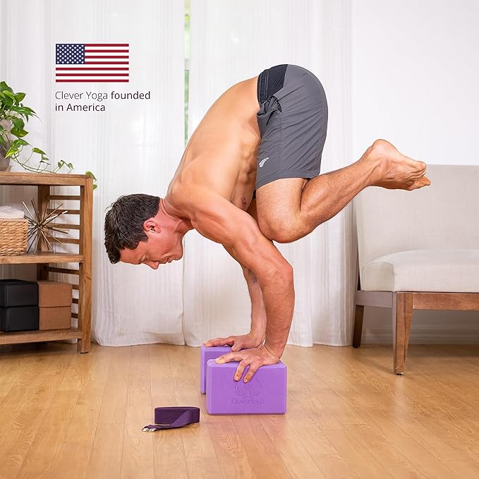 Clever Yoga Blocks & Strap - Lighweight Foam Yoga Blocks 2 Pack with 8ft Cotton Yoga Strap Set Kit for Beginners & Pros, Accessories & Equipment for Women & Men