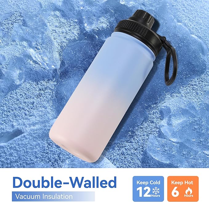 DOMICARE 16 oz Kids Water Bottle for School Stainless Steel Double Wall Vacuum Insulated Water Bottle with Straw lids & Spout Lid, Leakproof BPA Free (Blue/Pink,1)