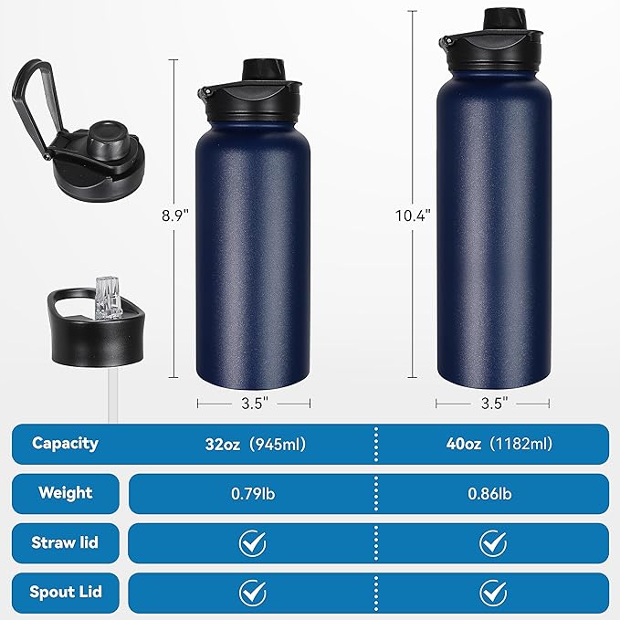 VEGOND 32 oz Insulated Water Bottle Bulk Stainless Steel Metal Water Bottles with Leak Proof Straw Lid & Spout Lid, Wide Mouth Double Walled Vacuum Travel Sports Bottle, 8 Pack