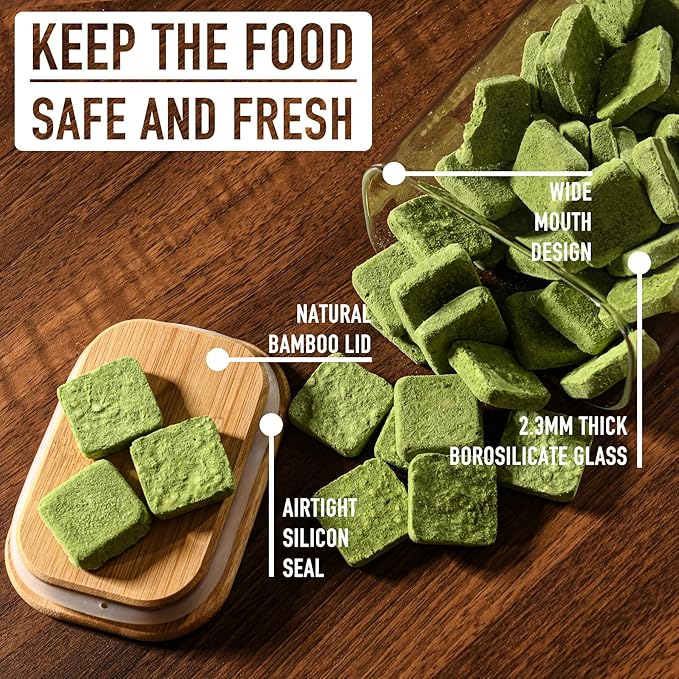 37oz Rectangle Airtight Glass Storage Containers with Bamboo Lids (Set of 4), Square Food Storage Jar, Pantry Organizers for Cereal, Nuts, Snacks and Coffee beans (with Black Lable)