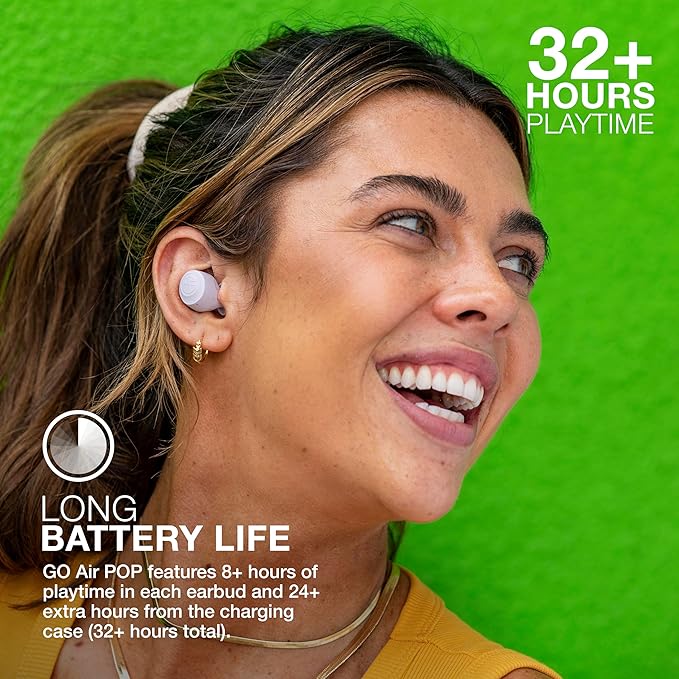 JLab Go Air Pop True Wireless Earbuds, in Ear Headphones, Bluetooth Earphones, Ear Buds with 32H Playtime, Bluetooth Earbuds with Microphone, USB Charging Case, Dual Connect, EQ3 Sound, Lilac