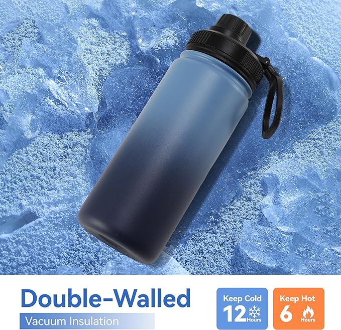DOMICARE 16 oz Kids Water Bottle for School Stainless Steel Double Wall Vacuum Insulated Water Bottle with Straw lids & Spout Lid, Leakproof BPA Free (Blue/Navy,8)