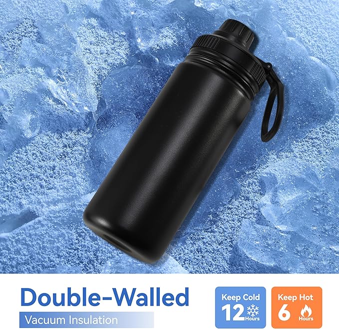 DOMICARE 16 oz Kids Water Bottle for School Stainless Steel Double Wall Vacuum Insulated Water Bottle with Straw lids & Spout Lid, Leakproof BPA Free (Black,4)