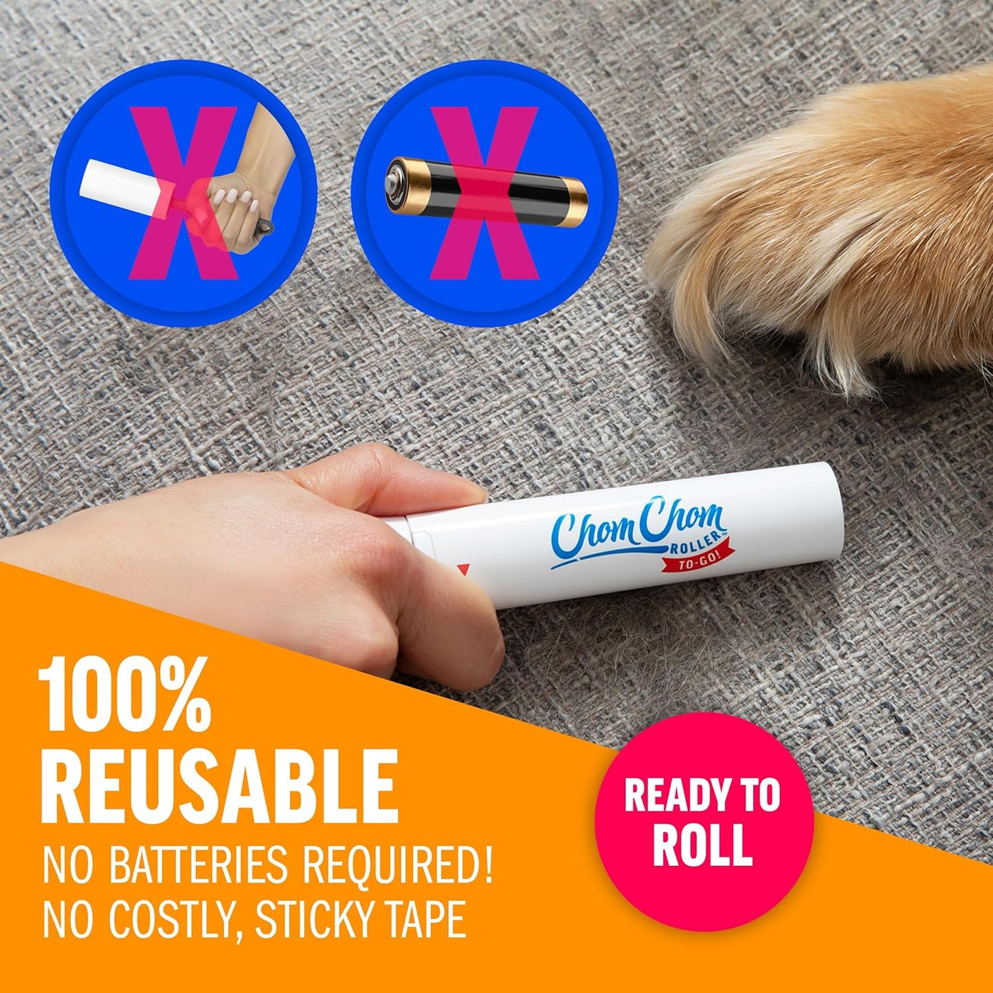 ChomChom Roller Reusable Lint Roller Pet Hair Removal Tool for Clothes, Couches, Cars,Travel - Cat Dog Hair Remover, Compact, No Sticky Refills Needed (Travel Roller)