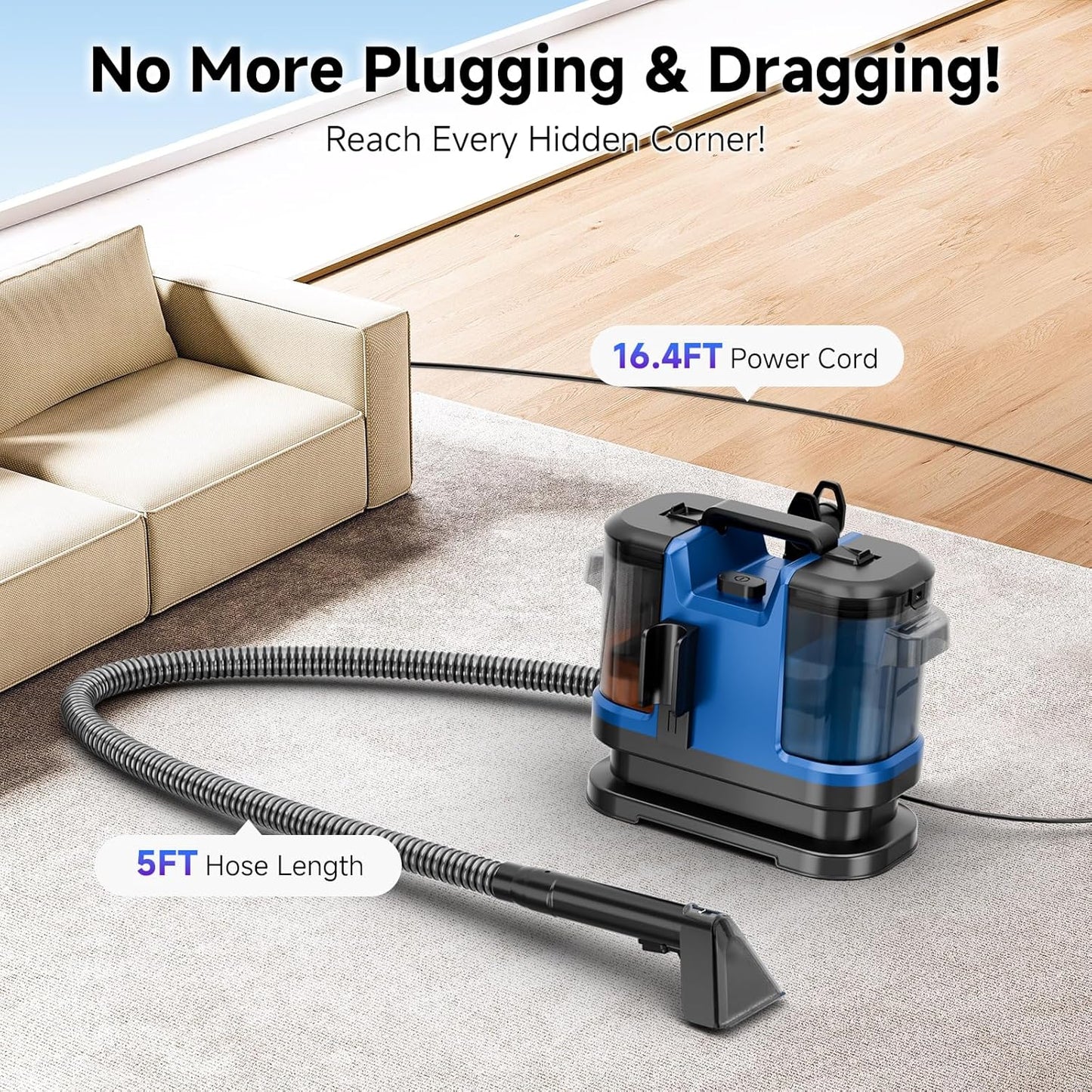 -Upgrade Portable Carpet & Upholstery Cleaner Machine, Small Handheld Spot Cleaner, 18Kpa Dual Brush & Large Removable Tank Multi-purpose Cleaner for Couch, Car, Stairs, Rugs, Pet Stains, Blue