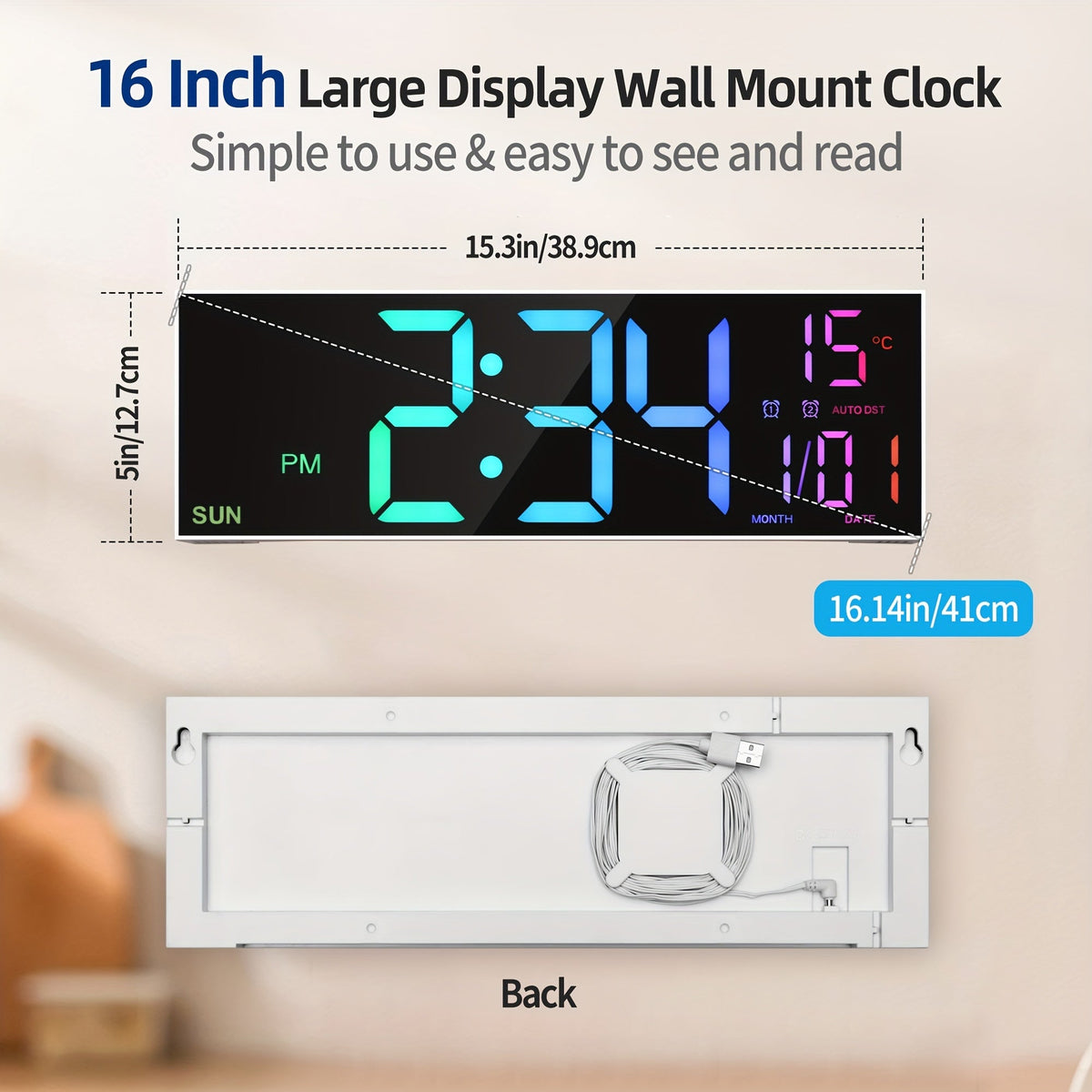16-Inch RGB Digital Wall Clock | Remote Control & Auto Brightness